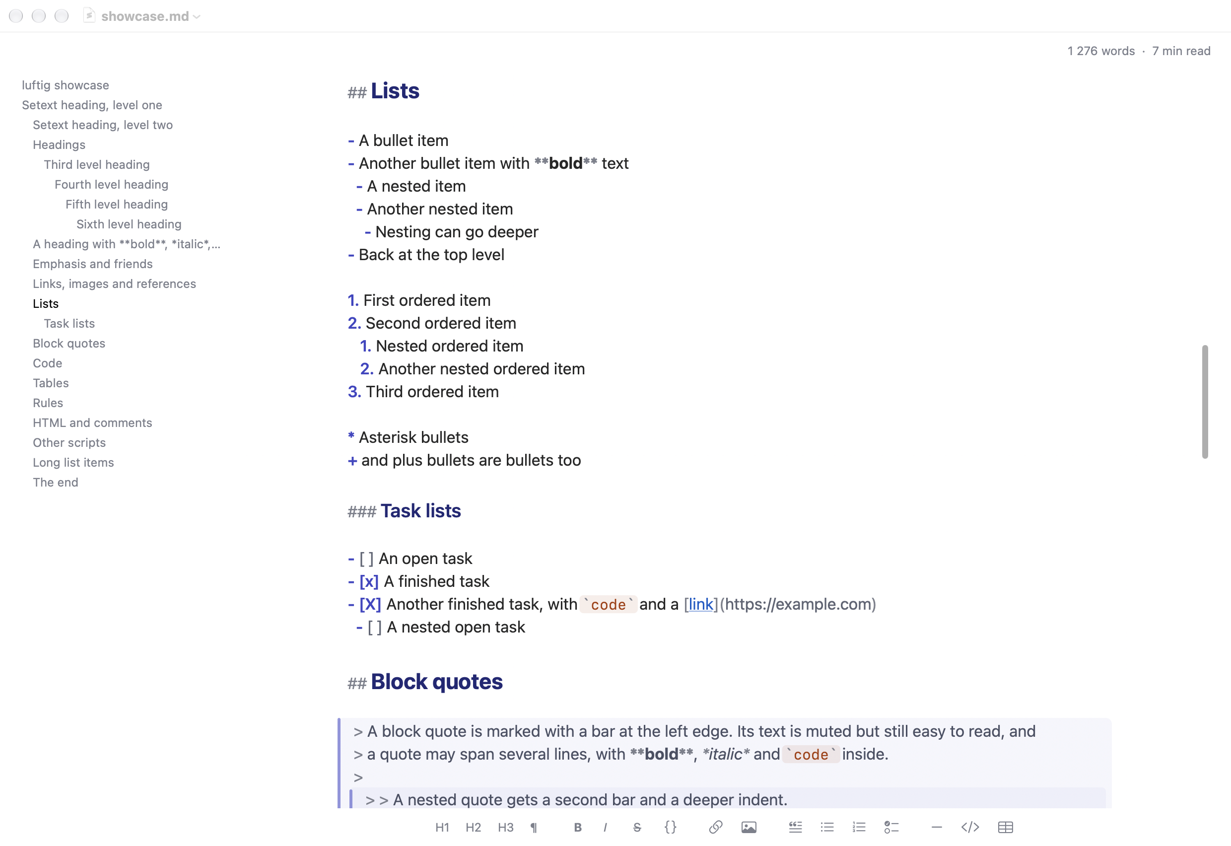 luftig in light mode: the outline of the headings on the left, the text with headings, lists, a quote and code styled in place, the word count at the top right, the syntax bar below the text